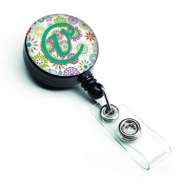 Carolines Treasures Letter V Flowers Pink and Teal Green Initial Retractable Badge Reel CJ2011-VBR